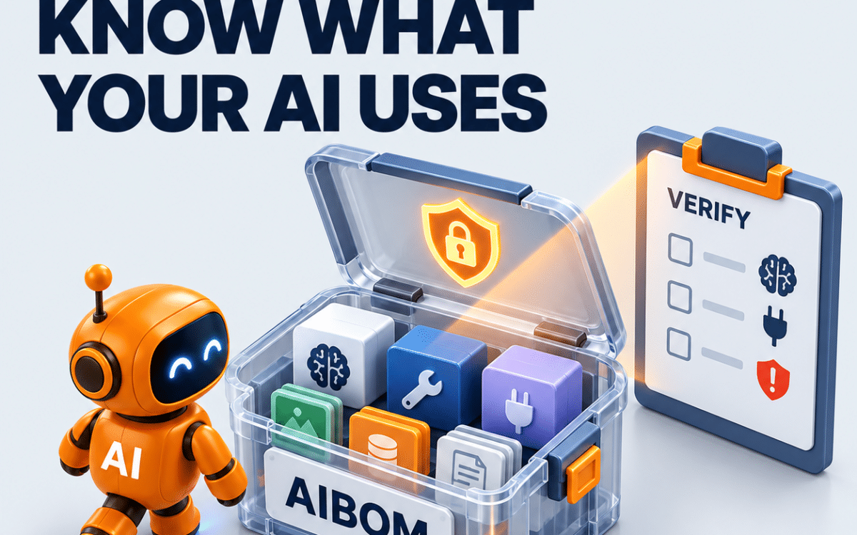 DeepintShield card titled 'Know what your AI uses'. A transparent 3D inventory crate labeled AIBOM opens to reveal neatly arranged model cubes, tool connectors, action-class tags, fingerprints, and integrity seals.