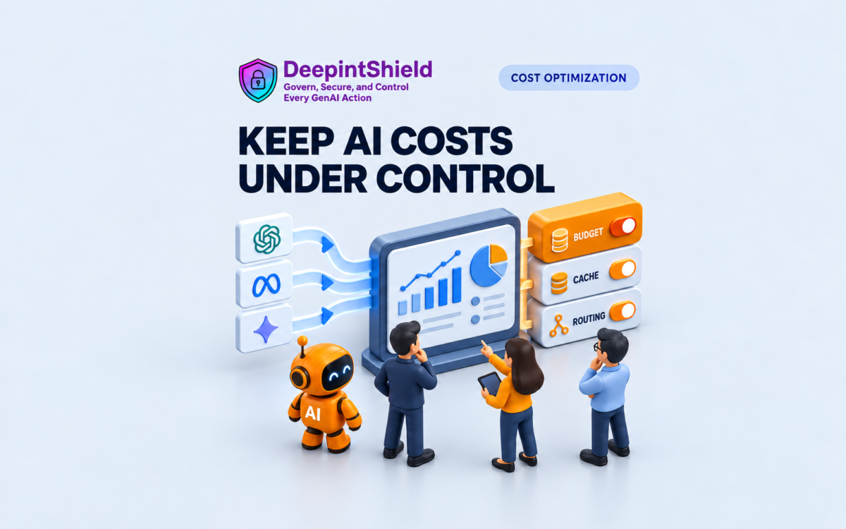 DeepintShield card titled 'Keep AI costs under control'. Several small model request cards flow into a clear usage dashboard.