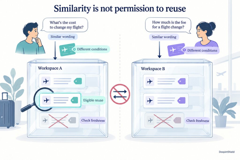 Similar flight-change questions enter separate workspace cache compartments. Different conditions and freshness checks determine eligible reuse within each scope.