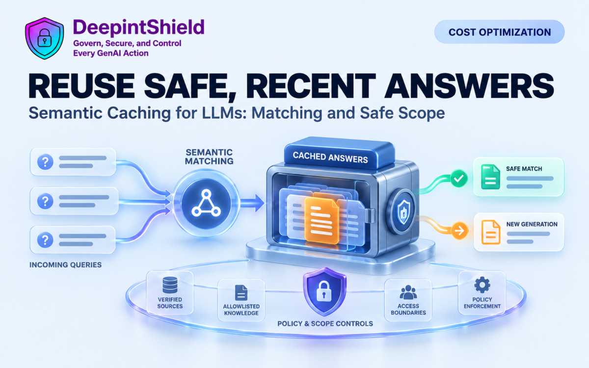 DeepintShield illustration. Incoming queries pass through semantic matching and scoped caching to a suitable answer or a new generation.