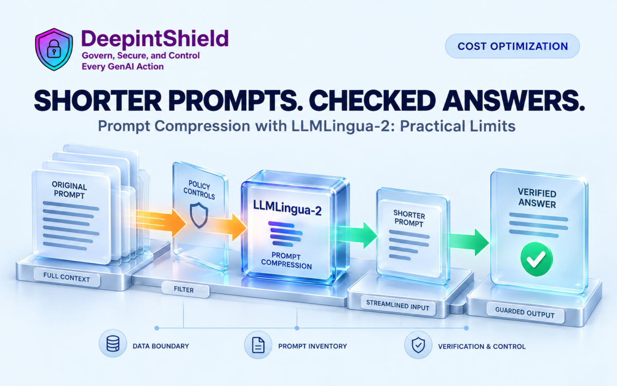 DeepintShield illustration. Prompt compression connects original context, a shorter prompt and answer verification.
