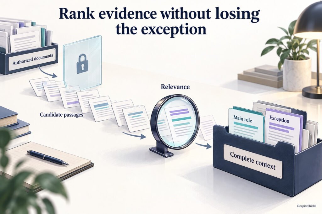 Authorized candidate passages pass through a relevance review. The selected context retains the main rule together with the exception needed to interpret it.