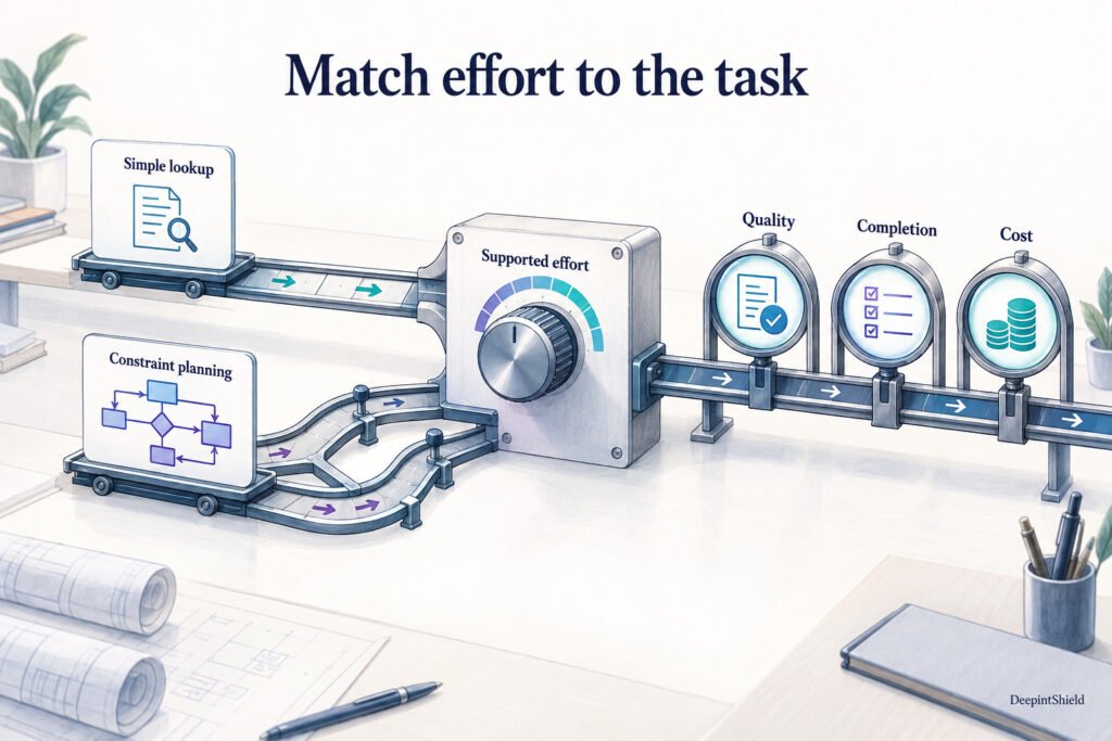 Simple lookup and constraint-planning tracks meet an adjustable supported-effort control. Quality, completion and cost are assessed separately after the task.