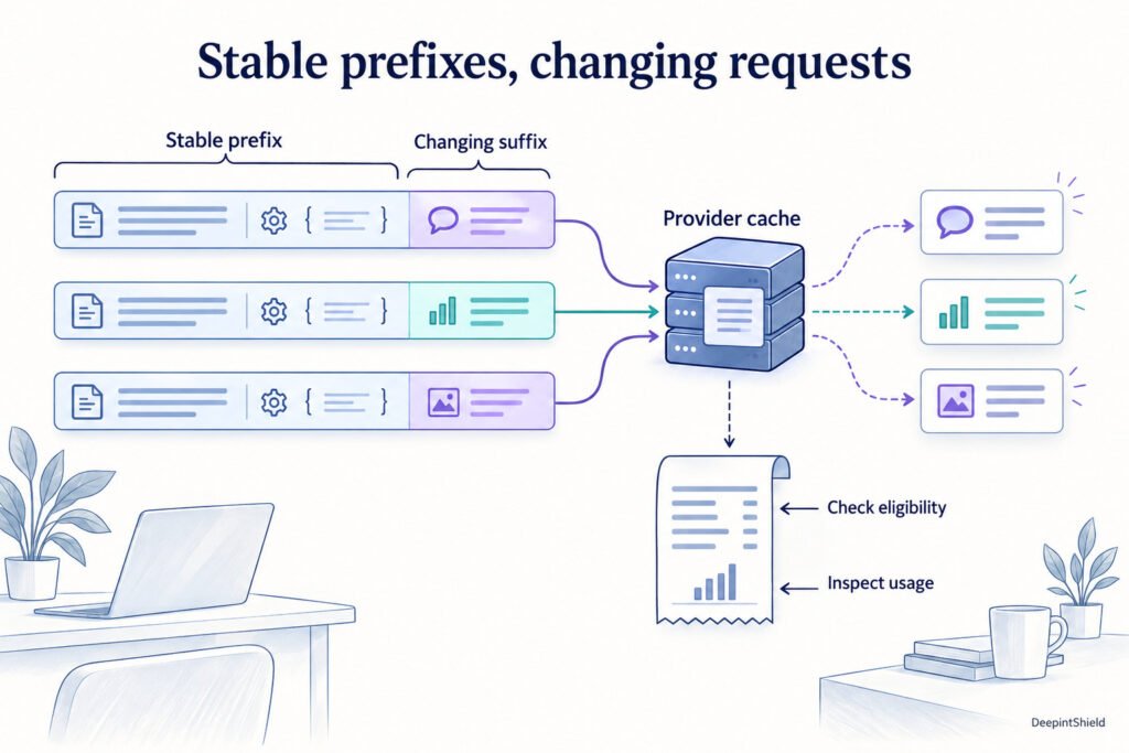 Three requests share a stable prefix while their suffixes change. The provider-cache illustration pairs that repeated structure with eligibility checks and usage evidence.