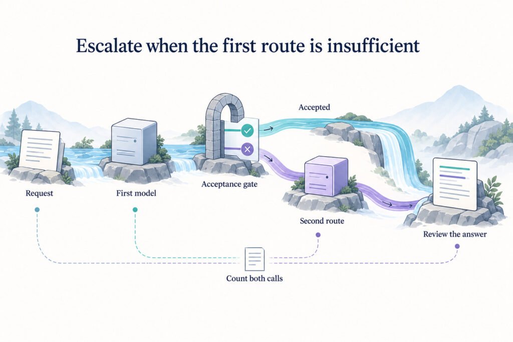 A river-shaped routing cascade sends accepted first-model work toward an answer and insufficient work through a second route. Both calls remain part of the accounting and answer review.