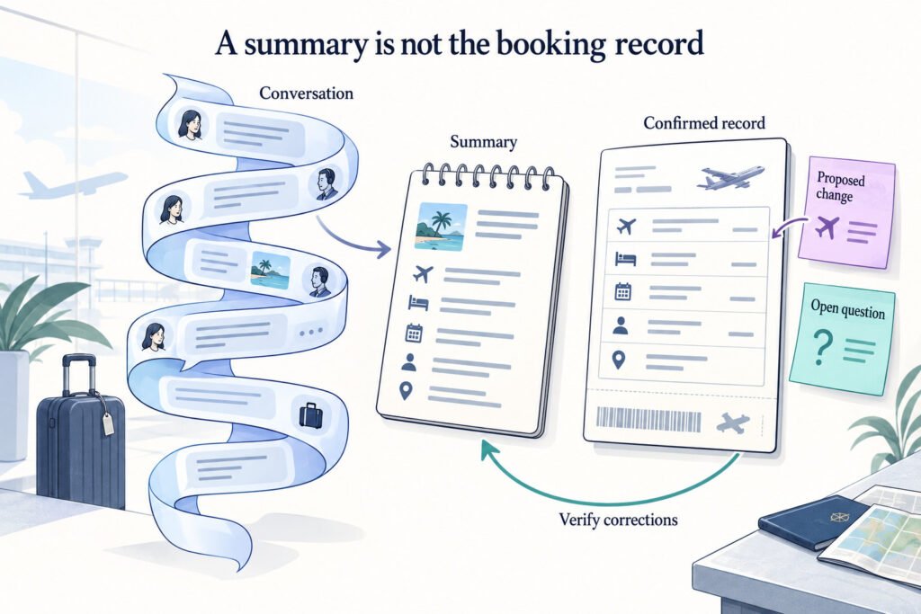 A booking conversation feeds a concise summary while confirmed reservation facts remain in a separate authoritative record. Proposed changes and open questions stay distinct from completed actions.