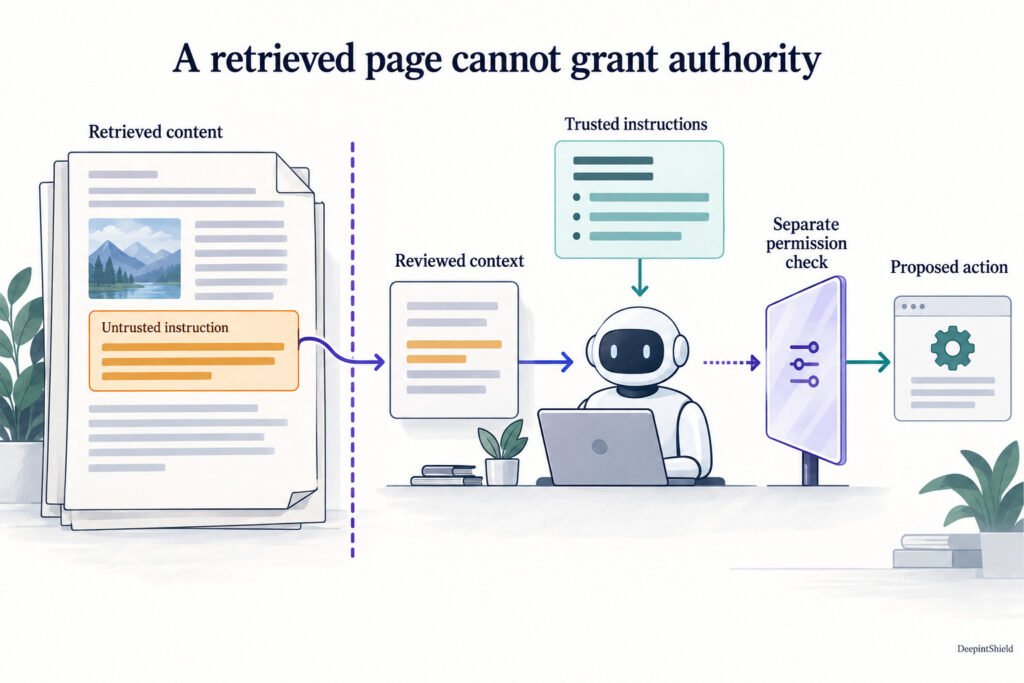 Retrieved reference material contains an untrusted instruction, while trusted instructions remain separate. Reviewed context informs the assistant, and a proposed action still passes through a permission check.