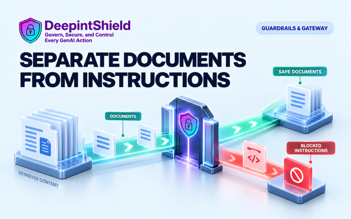 DeepintShield illustration. A document boundary routes reviewed content separately from embedded instructions.