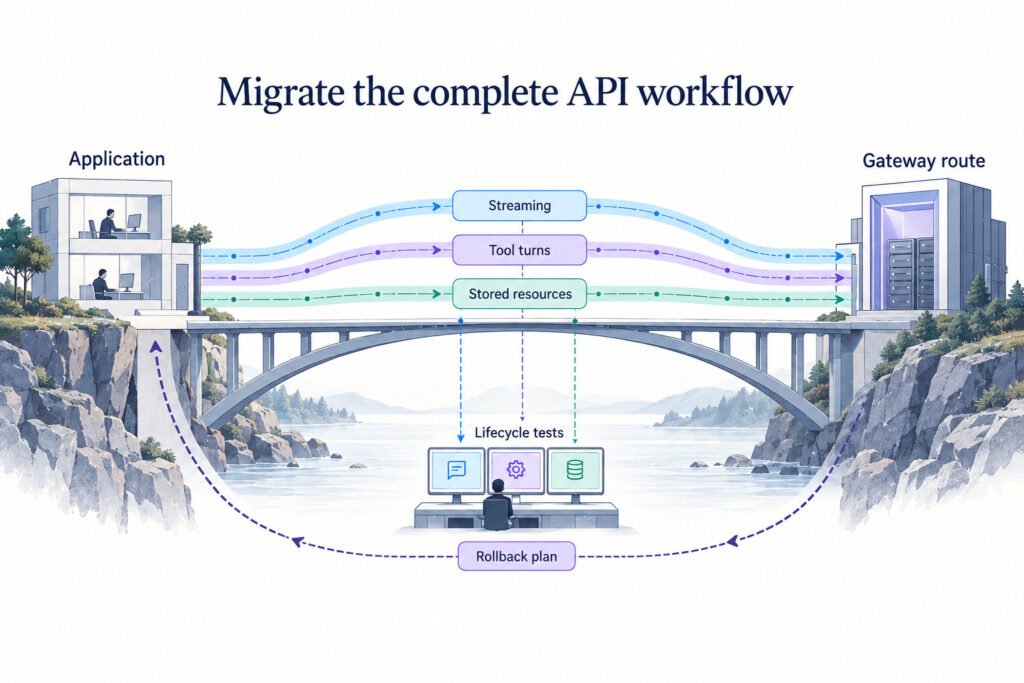 A migration bridge carries streaming, tool turns and stored-resource operations between an application and a gateway route. Lifecycle tests and a rollback path support the transition.