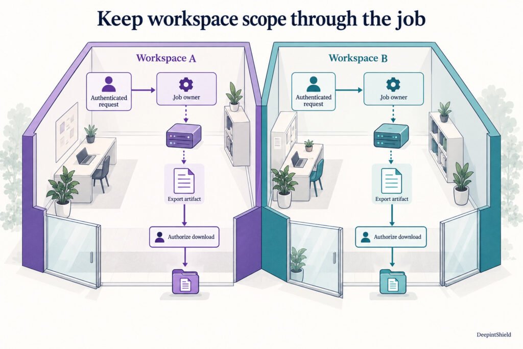 Parallel customer workspaces carry scope through authenticated requests, background jobs and exported artifacts. Download authorization checks the current caller against the stored owner.