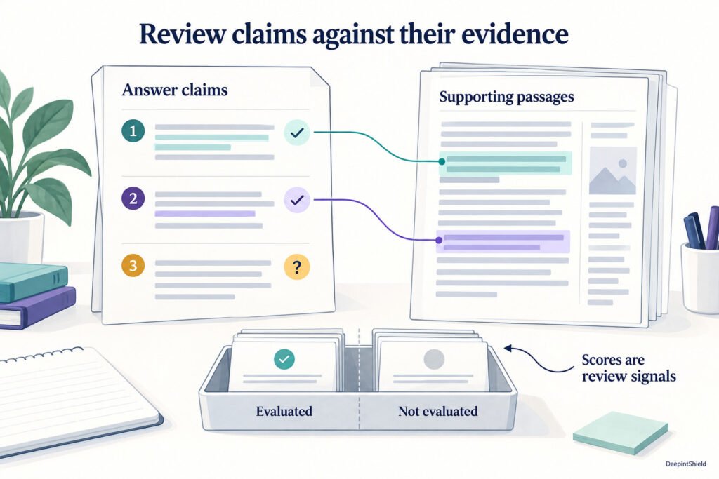 Claims in an answer are connected to supporting passages in a source document. Missing support and unevaluated answers remain visible alongside completed evaluations.