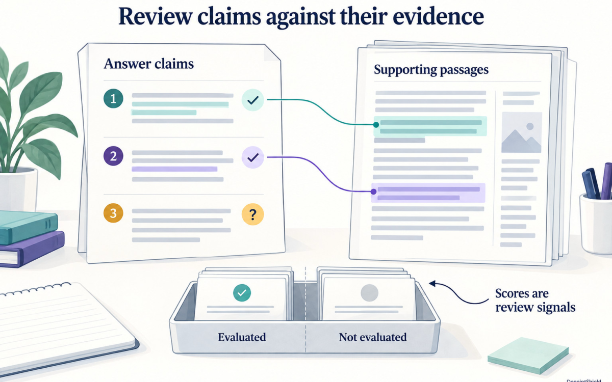 Claims in an answer are connected to supporting passages in a source document. Missing support and unevaluated answers remain visible alongside completed evaluations.
