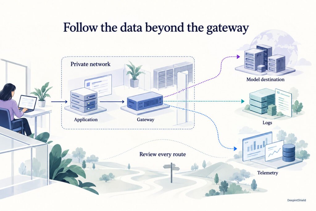 A network map traces an application request through a gateway to model, logging and telemetry destinations. The private-network boundary makes external routes visible.