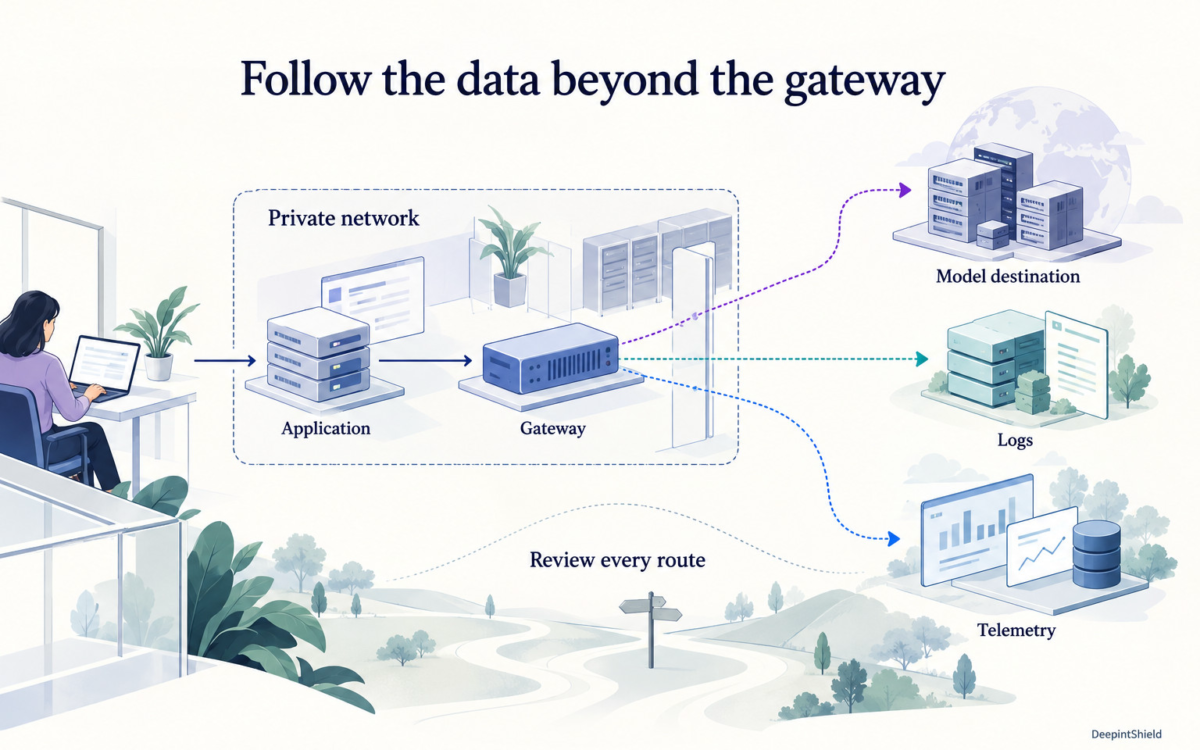 A network map traces an application request through a gateway to model, logging and telemetry destinations. The private-network boundary makes external routes visible.