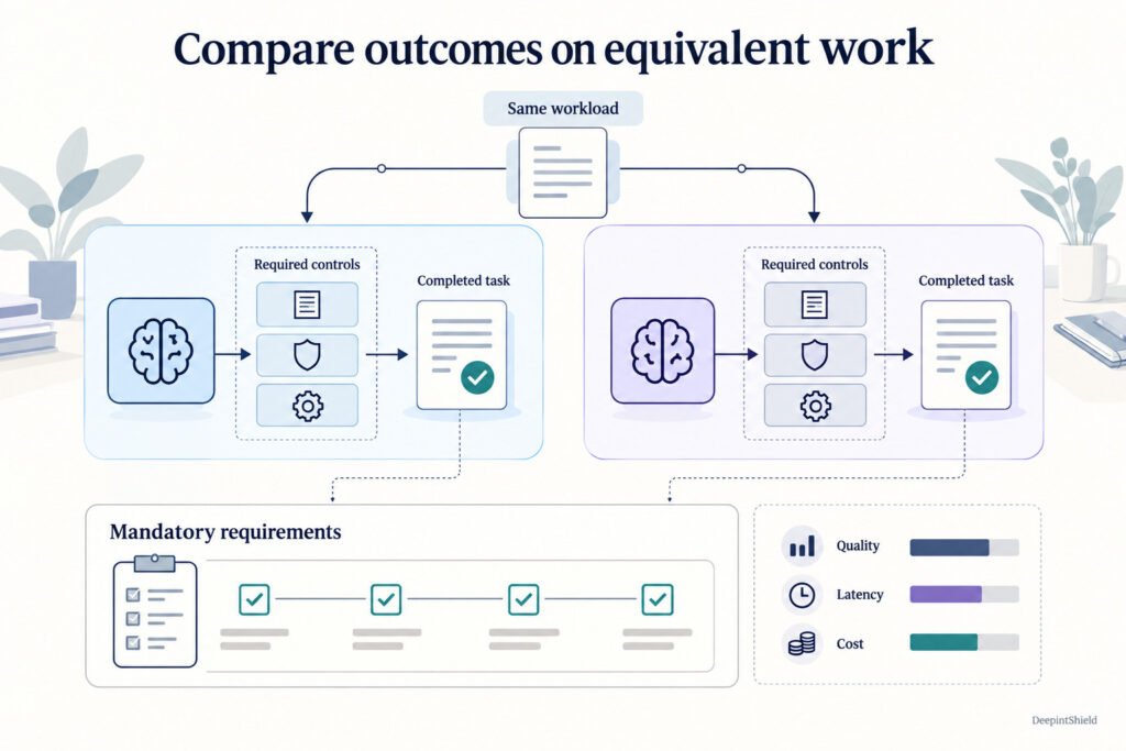 Two neutral gateway candidates receive equivalent work and required controls. Completed tasks are compared against mandatory requirements and quality, latency and cost measures.