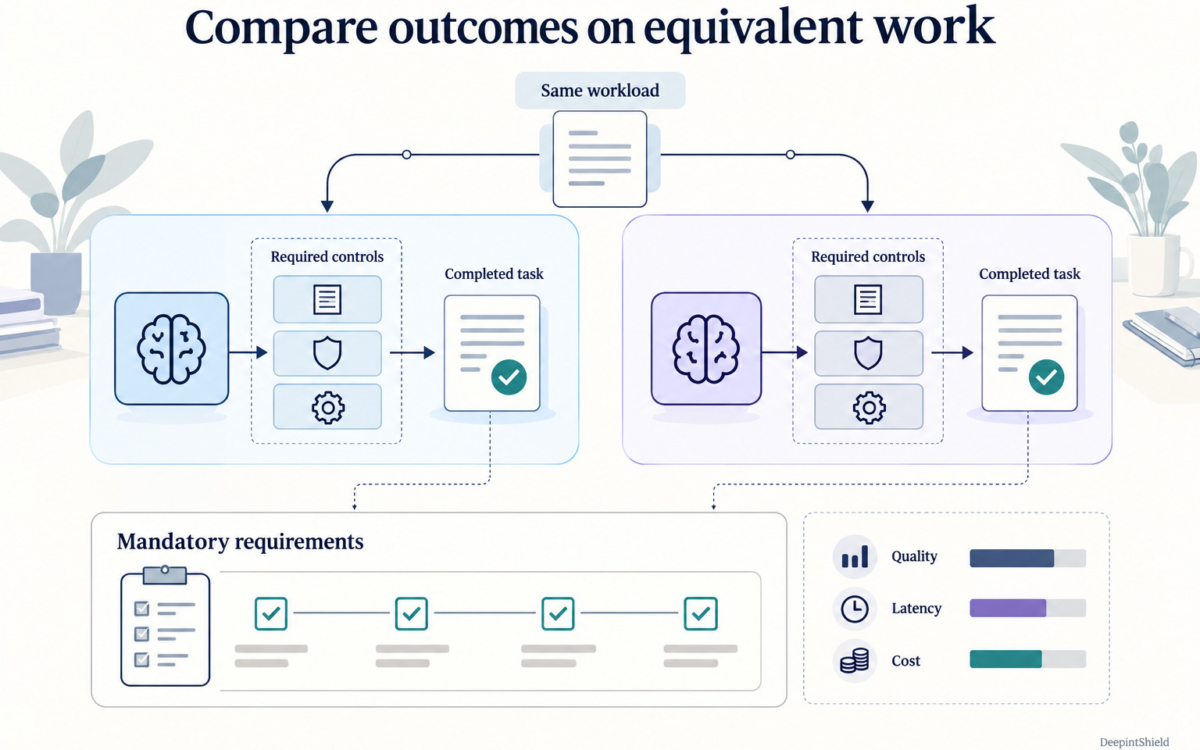 Two neutral gateway candidates receive equivalent work and required controls. Completed tasks are compared against mandatory requirements and quality, latency and cost measures.