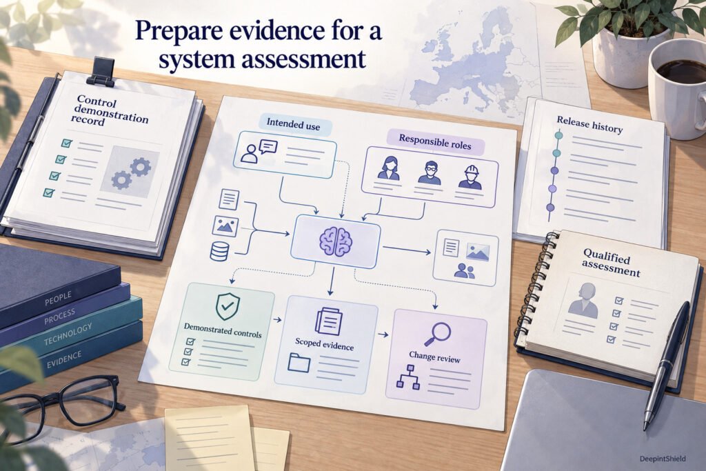 A system-use map is reviewed alongside control demonstrations, scoped evidence and release changes. Responsible roles and qualified assessment remain part of the preparation.