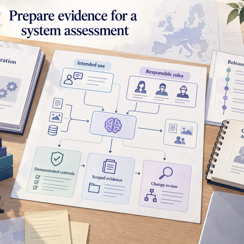 A system-use map is reviewed alongside control demonstrations, scoped evidence and release changes. Responsible roles and qualified assessment remain part of the preparation.