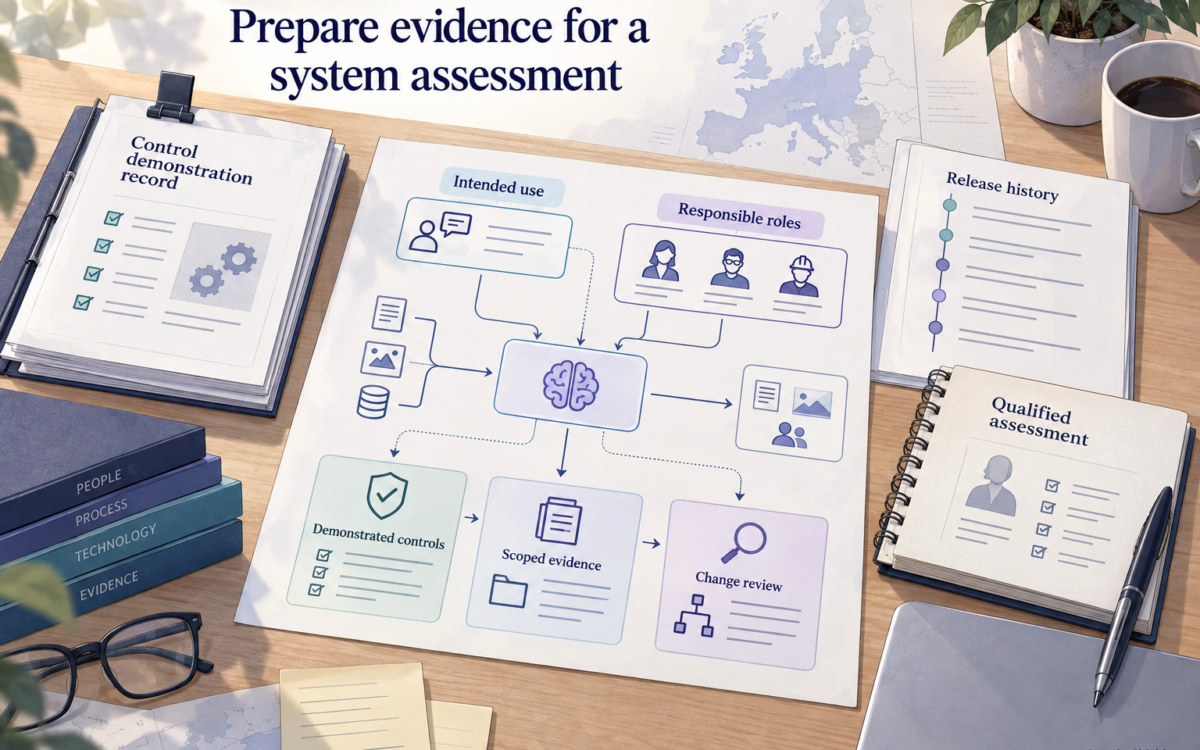 A system-use map is reviewed alongside control demonstrations, scoped evidence and release changes. Responsible roles and qualified assessment remain part of the preparation.