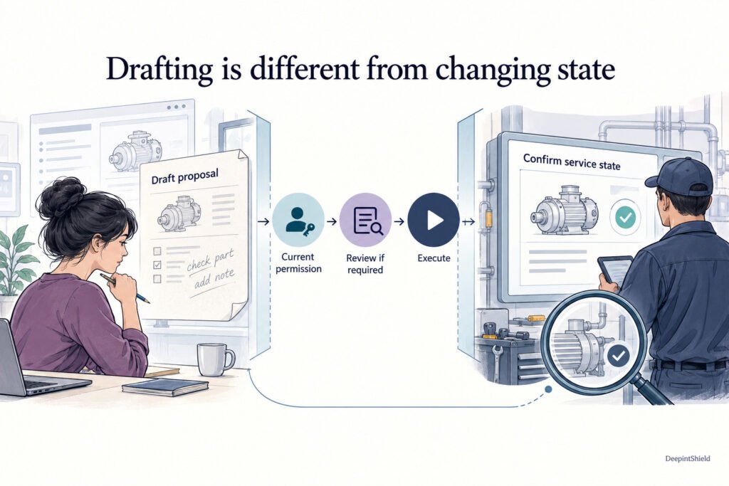 A drafted work order crosses a controlled threshold only after permission and any required review. The destination’s confirmed service state is checked separately from authorization.