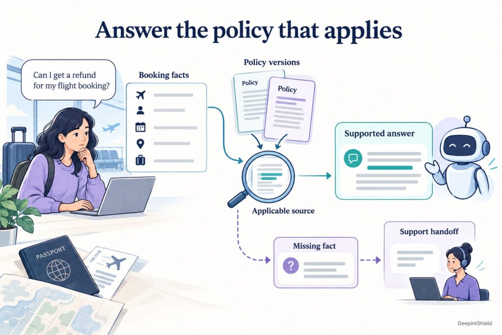Booking facts and policy versions feed an applicable-source review before a supported customer answer. Missing facts take a separate path to a human support handoff.