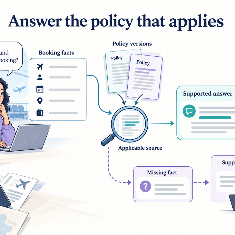 Booking facts and policy versions feed an applicable-source review before a supported customer answer. Missing facts take a separate path to a human support handoff.