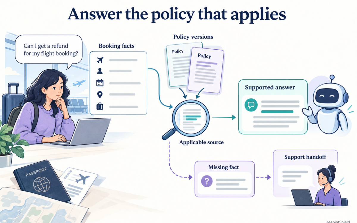 Booking facts and policy versions feed an applicable-source review before a supported customer answer. Missing facts take a separate path to a human support handoff.